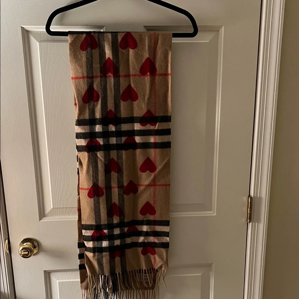 Burberry Tan and Red Heart Pattern Scarf - Picture 1 of 6